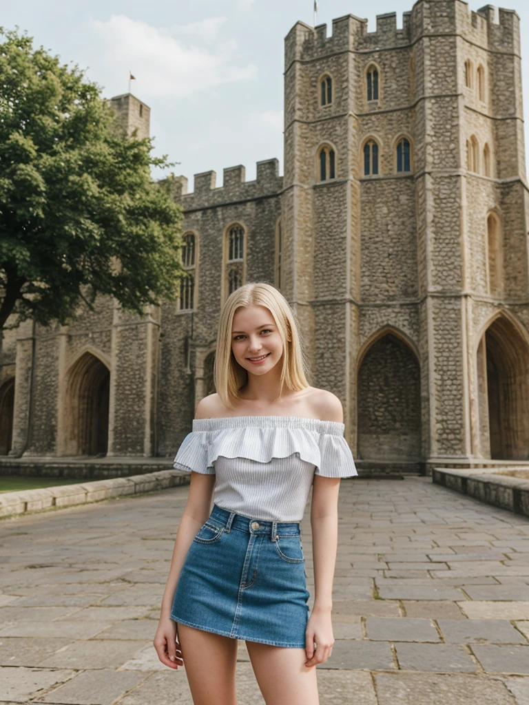 her name is Marie, 1girl, ((20-year-old fit Caucasian woman)), ((20 years old)), ((fit)), , ((pale skin tone)), ((medium length straight blonde hair)), wearing Striped Off-Shoulder Top + Denim Skirt, smiling, pose: standing, background: Write about the sense of history and grandeur at the Tower of London, where tourists can see the Crown Jewels and learn about the fortress's storied past.
