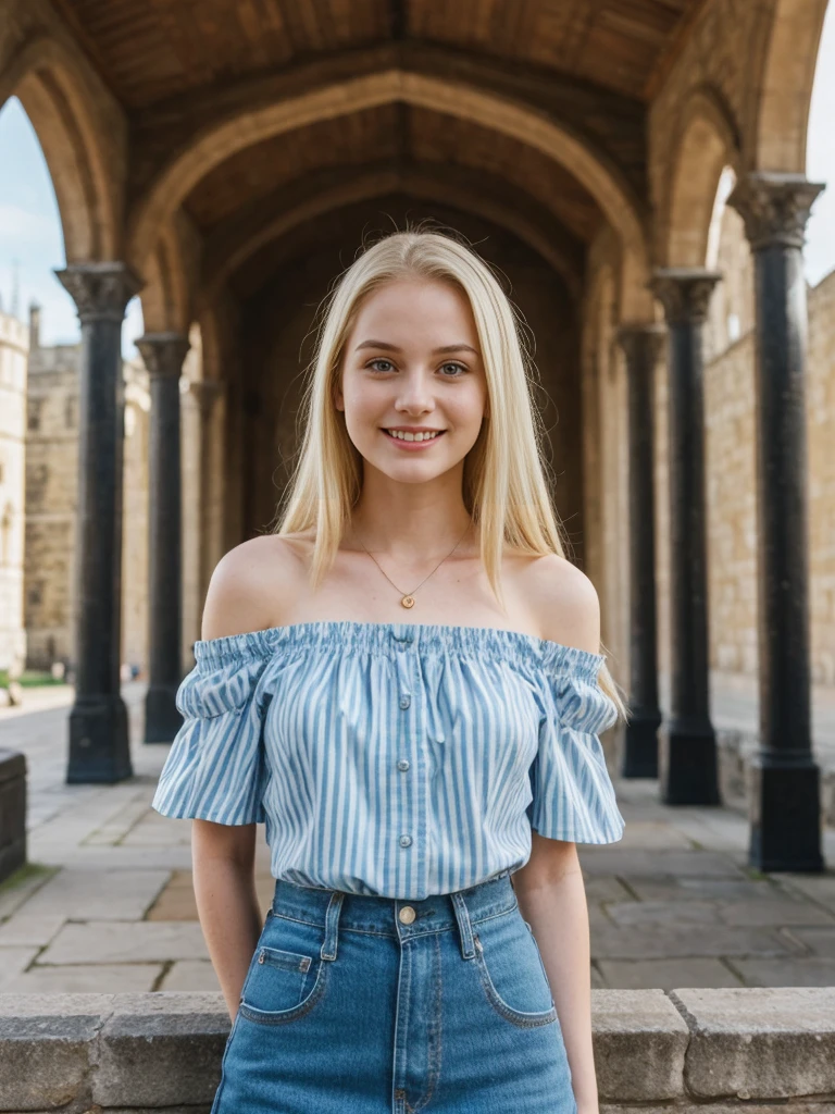 her name is Marie, 1girl, ((20-year-old fit Caucasian woman)), ((20 years old)), ((fit)), , ((pale skin tone)), ((medium length straight blonde hair)), wearing Striped Off-Shoulder Top + Denim Skirt, smiling, pose: standing, background: Write about the sense of history and grandeur at the Tower of London, where tourists can see the Crown Jewels and learn about the fortress's storied past.