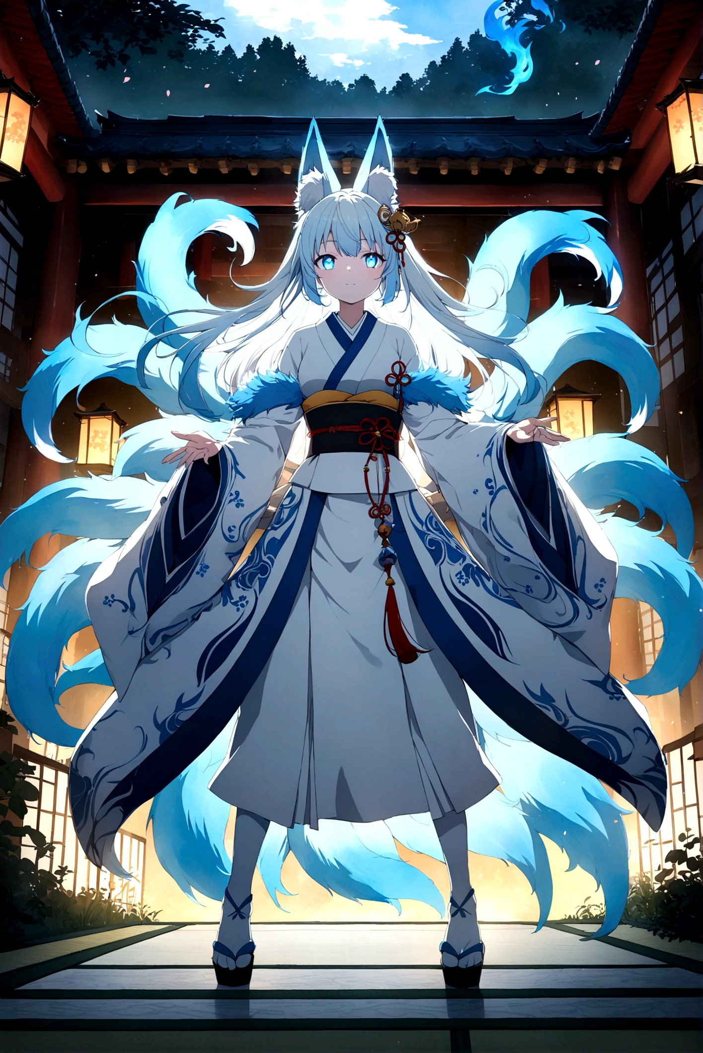 fox Light blue hair beast girl indigo fur fox beast girl fox Light blue hair beast girl indigo fur fox beast girl Wallpaper 4k,8k,highly detailled,,vivid colors,detailed kitsune with 9 tails,traditional Japanese artwork,tatami floor,beautiful cherry blossoms,floating lanterns,dark silhouette of a pagoda,subtle moonlight,dense forest,ethereal atmosphere,dappled sunlight,whimsical spirit,serene expression,elaborate kimono and obi,delicate hand-painted details,luminous eyes Anime Style fox blue White-faced golden-haired nine-tailed fox Coat blue mysterious background Blue Flame girl have a ball of light Anime Style fox blue White-faced golden-haired nine-tailed fox Coat blue mysterious background Blue Flame girl have a ball of light