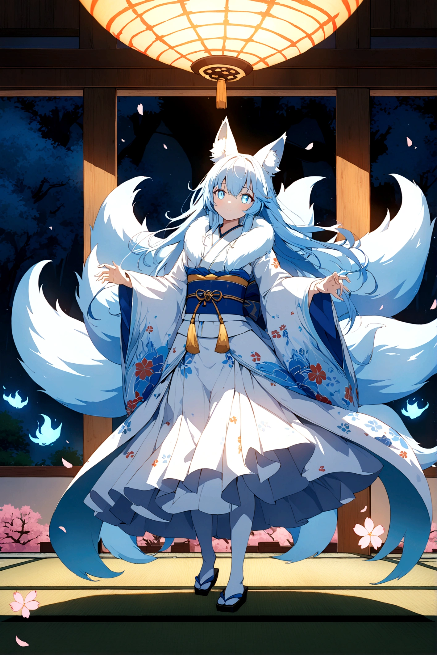 fox Light blue hair beast girl indigo fur fox beast girl fox Light blue hair beast girl indigo fur fox beast girl Wallpaper 4k,8k,highly detailled,,vivid colors,detailed kitsune with 9 tails,traditional Japanese artwork,tatami floor,beautiful cherry blossoms,floating lanterns,dark silhouette of a pagoda,subtle moonlight,dense forest,ethereal atmosphere,dappled sunlight,whimsical spirit,serene expression,elaborate kimono and obi,delicate hand-painted details,luminous eyes Anime Style fox blue White-faced golden-haired nine-tailed fox Coat blue mysterious background Blue Flame girl have a ball of light Anime Style fox blue White-faced golden-haired nine-tailed fox Coat blue mysterious background Blue Flame girl have a ball of light