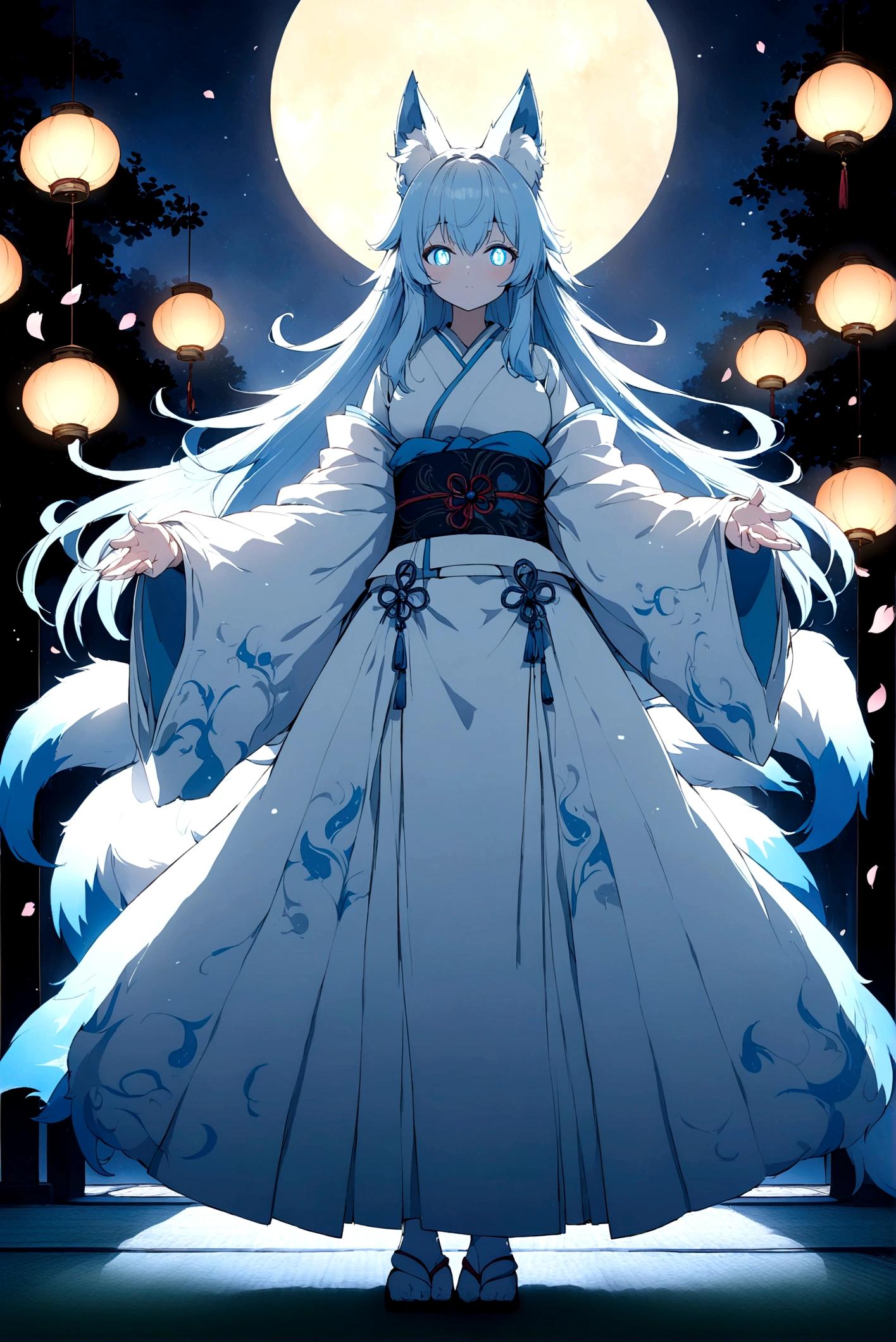 fox Light blue hair beast girl indigo fur fox beast girl fox Light blue hair beast girl indigo fur fox beast girl Wallpaper 4k,8k,highly detailled,,vivid colors,detailed kitsune with 9 tails,traditional Japanese artwork,tatami floor,beautiful cherry blossoms,floating lanterns,dark silhouette of a pagoda,subtle moonlight,dense forest,ethereal atmosphere,dappled sunlight,whimsical spirit,serene expression,elaborate kimono and obi,delicate hand-painted details,luminous eyes Anime Style fox blue White-faced golden-haired nine-tailed fox Coat blue mysterious background Blue Flame girl have a ball of light Anime Style fox blue White-faced golden-haired nine-tailed fox Coat blue mysterious background Blue Flame girl have a ball of light