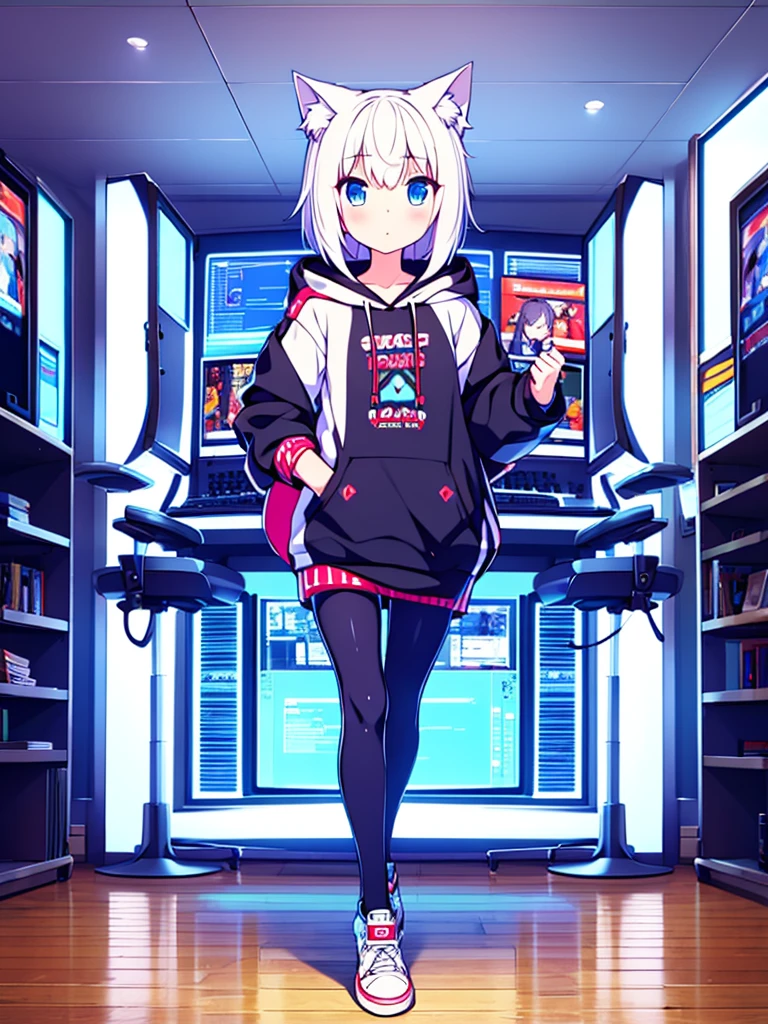 1 beautiful girl, great image quality ,nekomimi, with lots of detail, ray tracing, in a gaming,outfit hoodie, gamer, long stockings, blue eyes, white hair, , in a neon room, PC gaming, perfect ???????, full body.