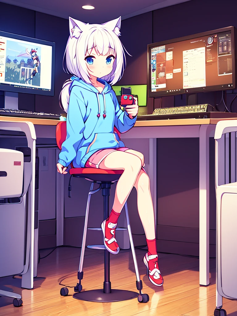 1 beautiful girl, great image quality ,nekomimi, with lots of detail, ray tracing, in a gaming,outfit hoodie, gamer, long stockings, blue eyes, white hair, , in a neon room, PC gaming, perfect anatomy, full body. 
