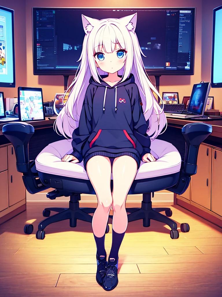 1 beautiful girl, great image quality ,nekomimi, with lots of detail, ray tracing, in a gaming,outfit hoodie, gamer, long stockings, blue eyes, white hair, , in a neon room, PC gaming, perfect anatomy, full body. 