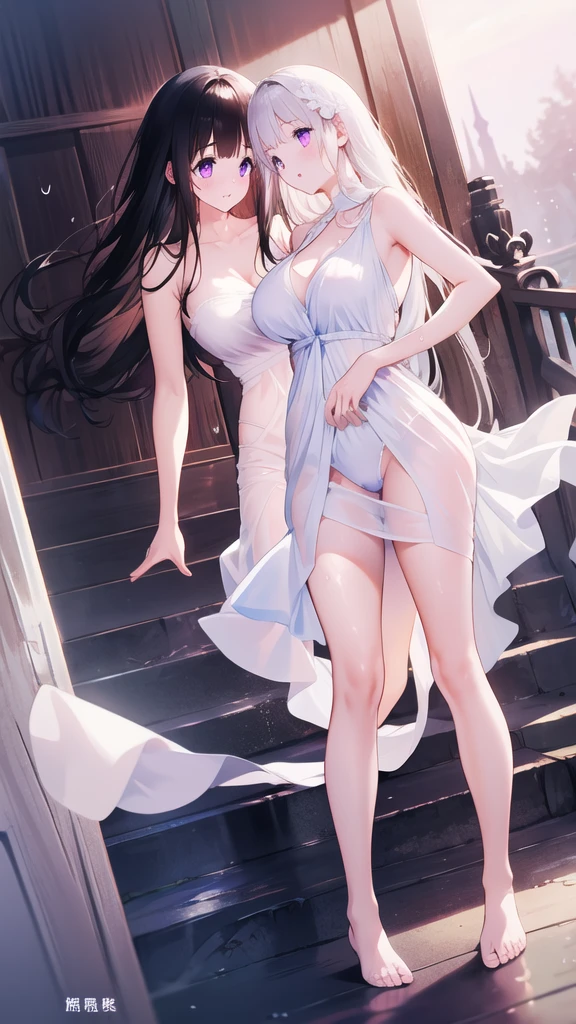 Beautiful Chitanda,只有一个beautiful girl,Purple Eyes, Black Hair, Natural straight hair, Straight bangs,Extremely refined,open your lips,Face is so red,Very white skin,Skin as delicate as porcelain,Glowing skin,big eyes,Flowing long hair,beautiful girl, Like a dream,Slim,Slim waist,Soft, (Sensual), (Kawaii), Dream quality,White Dress,High slit,Sweaty and sweaty,Wet skin,Profile,Side breasts,Underwear Rain,Standing on the steps in the air,(Completely naked),Gluteal groove,Completely naked的背部,nacked hip,very close,Deep V neckline,Loose neckline,Beautiful big breasts,No pants,Bare shoulders,Exposed collarbone,Delicate clavicle,Delicate hands and feet,Bare neck,There are no clothes around the neck,Bare thighs,Exposing the groin,Camel toe,extremely shy,Ultra-high resolution, (masterpiece:1.2, best quality), (Delicate and beautiful eyes: 1.2), (Beautiful and delicate face)