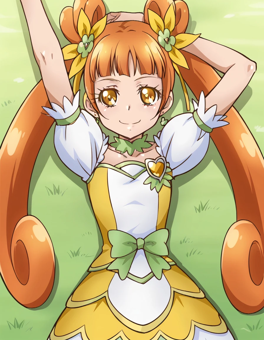  curerosetta, shiny skin,  high quality, solo, lying, on back, arms up, spread arms, closed mouth, on grass, (cowboy shot:1.5), looking at viewer, nervous, smile, best quality, 