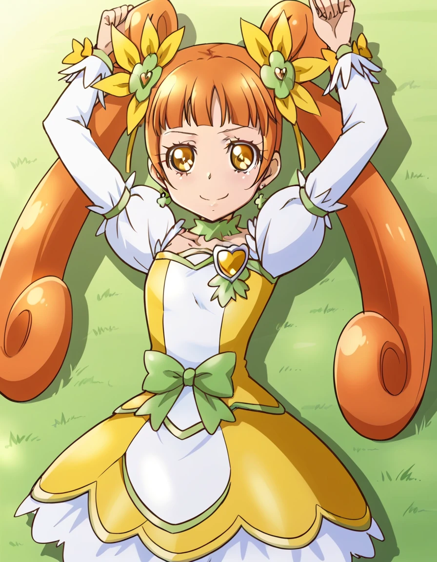  curerosetta, shiny skin,  high quality, solo, lying, on back, arms up, spread arms, closed mouth, on grass, (cowboy shot:1.5), looking at viewer, nervous, smile, best quality, 