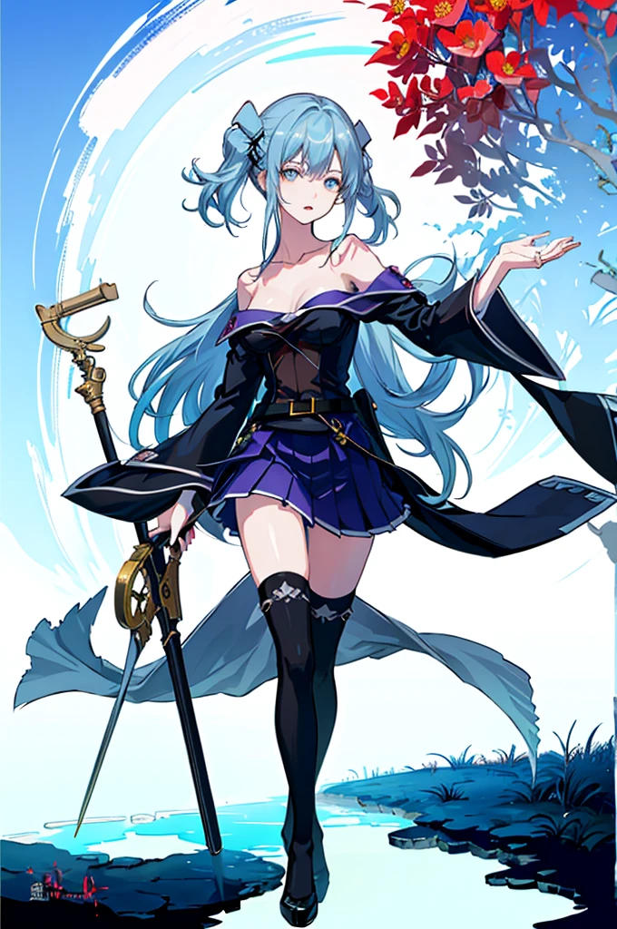 ((masterpiece, best quality)), (1girl),((mature female)), blue hair, hairband, bangs, long hair, two piece strapless suit, micro suit, __location__， leotard, , black hairband, shoulder cutout, black thitying hair,curvy,cleavage,confident,nature, dark fantasy,