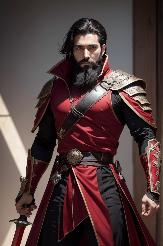 A handsome king man with short black hair dressed in red with a beard in his 30s holding a red steel sword
