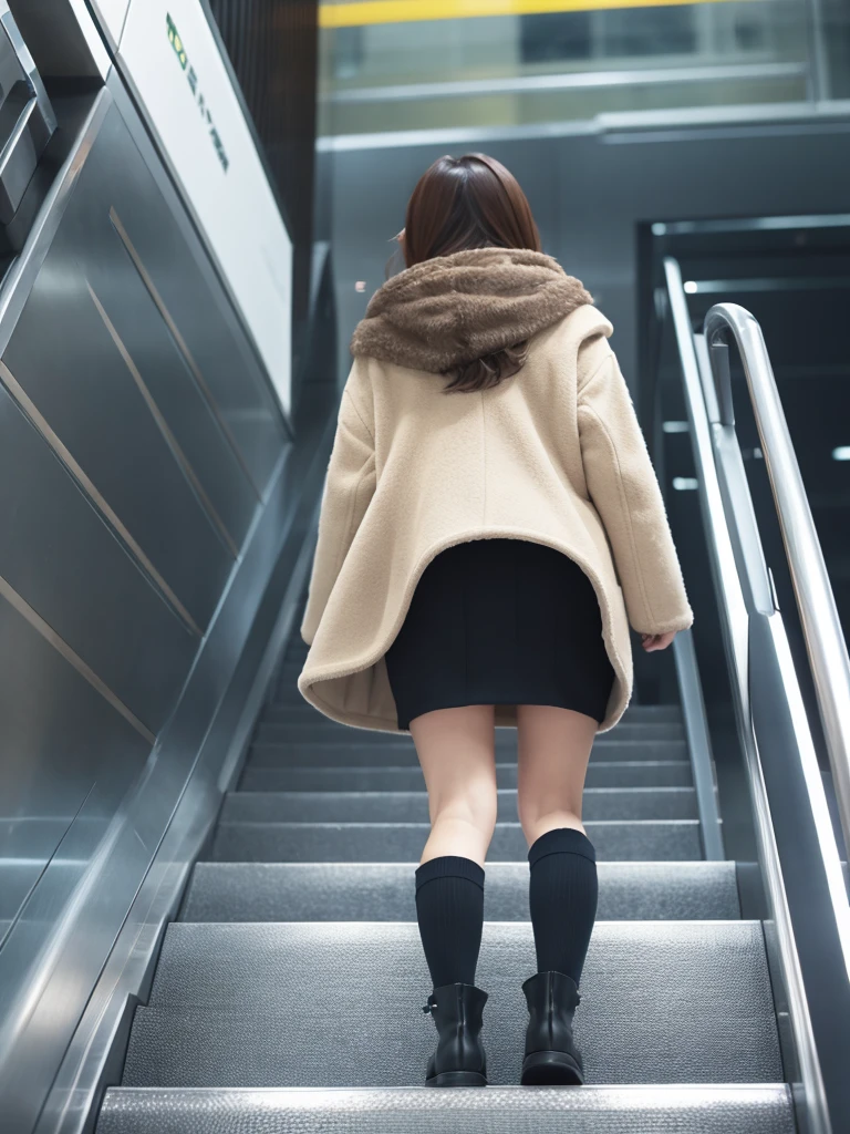 Up Escalator Skirt、short coat、bottom body close up、View from behind、Very low camera angle、Slouched、bent forward、Panchira