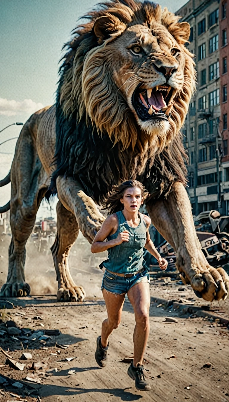 cinematic photo analog film photo ((best best quality)), ((masterpiece)), ((realistic)), (detailed), action sequence woman running in postapocalyptic setup chased by giant Monster lion, screeming, scared, fear, film grain, lightshaft, highly detailed skin, blush, (masterpiece), absurdres, HDR , . faded film, desaturated, 35mm photo, grainy, vignette, vintage, Kodachrome, Lomography, stained, highly detailed, found footage . 35mm photograph, film, bokeh, professional, 4k, highly detailed