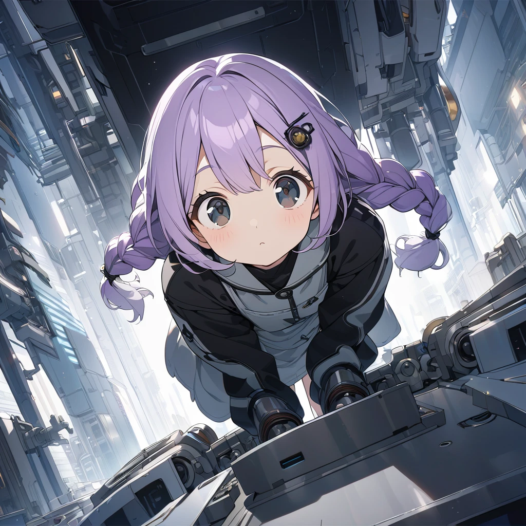 masterpiece, ultra detailed, 8K, solid blue Skyscrapers background, full body shot, Angle looking up from below.happy, a girl, kawaii, light atmosphere, mysterious atmosphere, (Cute a girl:1.5), (a girl with closs hair pin,pale purple hair,wavy two braids,bluntbangs hair,green and black eyes :1.4), anime visual, (tilt head:1.3), extremely delicate face, soft clean focus, realistic lighting and shading, (an extremely delicate and beautiful art:1.3),  (muted colors:1.1), small breast,slim,A steampunk world, a section of a laboratory surrounded by machines, a girl with pale-purple hair tied in two braids, wearing overalls and goggles and a mask, is operating a machine,

A dull-colored mechanical arm part is shining on the control panel, the girl is welding the parts, a diagonal overhead view,


