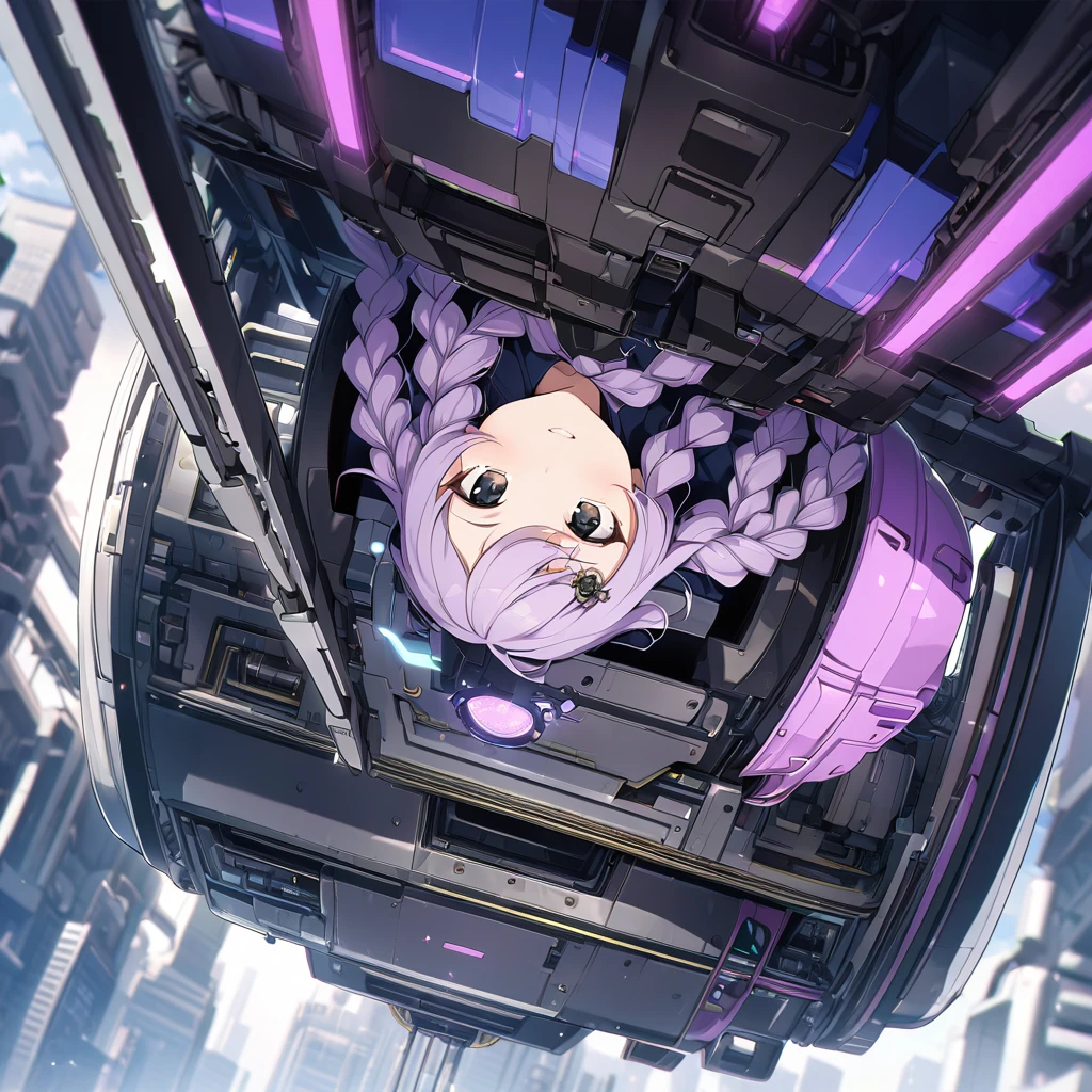 masterpiece, ultra detailed, 8K, solid blue Skyscrapers background, full body shot, Angle looking up from below.happy, a girl, kawaii, light atmosphere, mysterious atmosphere, (Cute a girl:1.5), (a girl with closs hair pin,pale purple hair,wavy two braids,bluntbangs hair,green and black eyes :1.4), anime visual, (tilt head:1.3), extremely delicate face, soft clean focus, realistic lighting and shading, (an extremely delicate and beautiful art:1.3), (muted colors:1.1), small breast,slim,A steampunk world, a section of a laboratory surrounded by machines, a girl with pale-purple hair tied in two braids, wearing overalls and goggles and a mask, is operating a machine,
A dull-colored mechanical arm part is shining on the control panel, the girl is welding the parts, a diagonal overhead view,