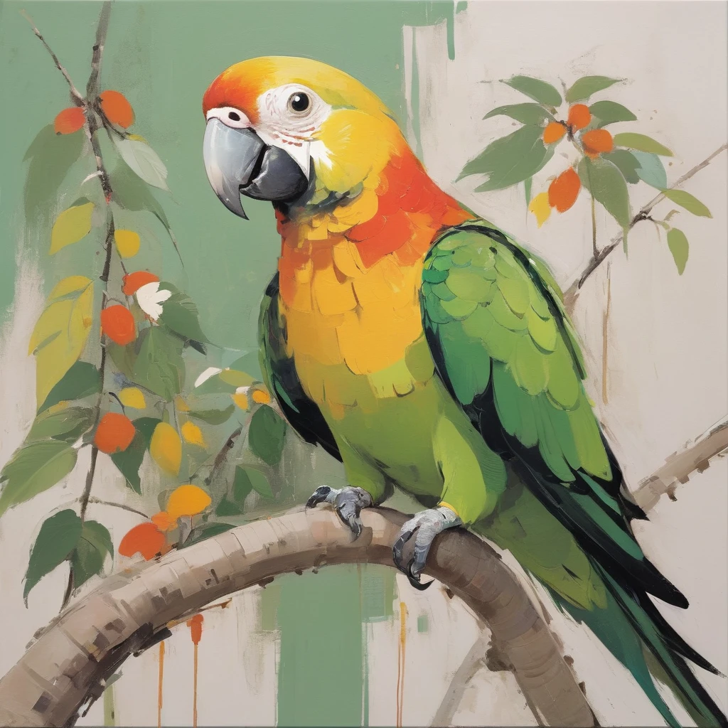 Impressionist painting by Wu Guanzhong, minimalism, uniform coloring, Fauvism, Oil painting, candid portrait, Carolina parrot, Carolina conures, small green neotropical parrot with bright yellow head, reddish-orange face, and pale beak “Abstract beauty is the heart of the beauty of figurative art”. It's a natural thing, to which we all react. Likes to play with a kaleidoscope, so everyone likes pure shape and color.»