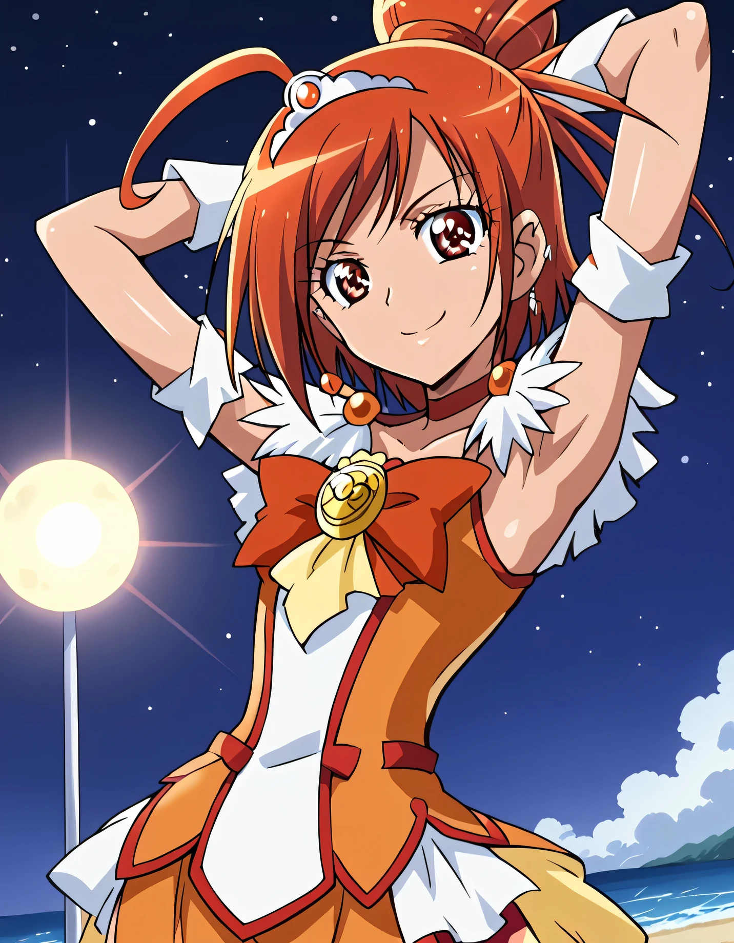 curesunny, shiny skin, high quality, solo, 1girl, night sky, beach, arms behind head, (contrapposto), closed mouth, spread armpits, (cowboy shot:1.5), looking at viewer, best quality, smile,