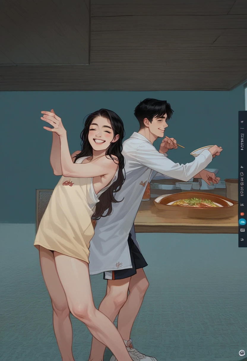 Realistic photo of (1cute Korean actress), tank top, in ramen shop, smiling, Canon EOS, clear facial features, close up portrait, cinematic mode, 8K