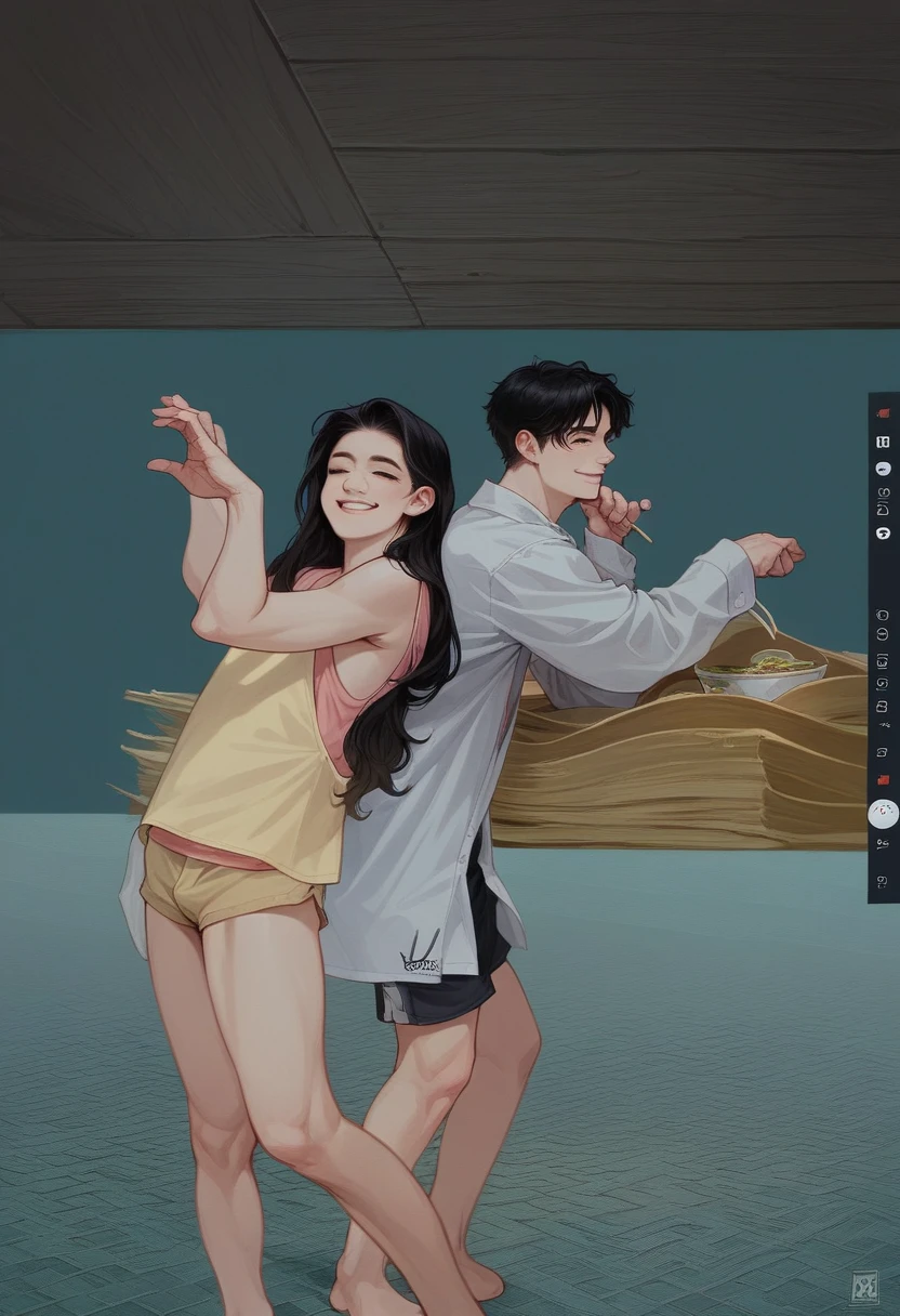 Realistic photo of (1cute Korean actress), tank top, in ramen shop, smiling, Canon EOS, clear facial features, close up portrait, cinematic mode, 8K