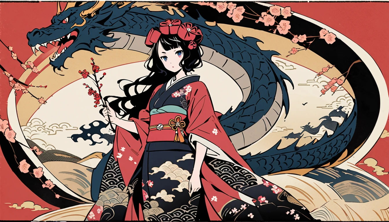 Katsushika Hokusai, Ink Painting, (((front view))), (((whole body))), (((kimono))), cherry blossoms, Beautiful girl, Black Hair, Long Hair, Delicate and precise, dragon, Modern ukiyo-e style