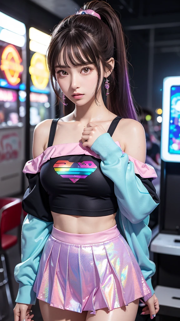 ((Tabletop)), Highest quality, Absurd, Ultra-detailed, Holographic, Cowboy Shot, Golden Ratio, Very cute girl, Mature Girls, idle girl, Super beautiful Asian girl with gorgeous purple eyes, Beautiful shiny brown multicolored hair, High Ponytail, nice and sexy body, The body is slim, Perfect body, Wearing a super tight anime print leotard, Anime Print Super Tight Off Shoulder Long Sleeve Crop Top, Super aesthetic transparent mini jacket, Beautiful hair ornaments, pink jordan tennis, Black, unkempt, shiny hair, arcade game、mini skirt