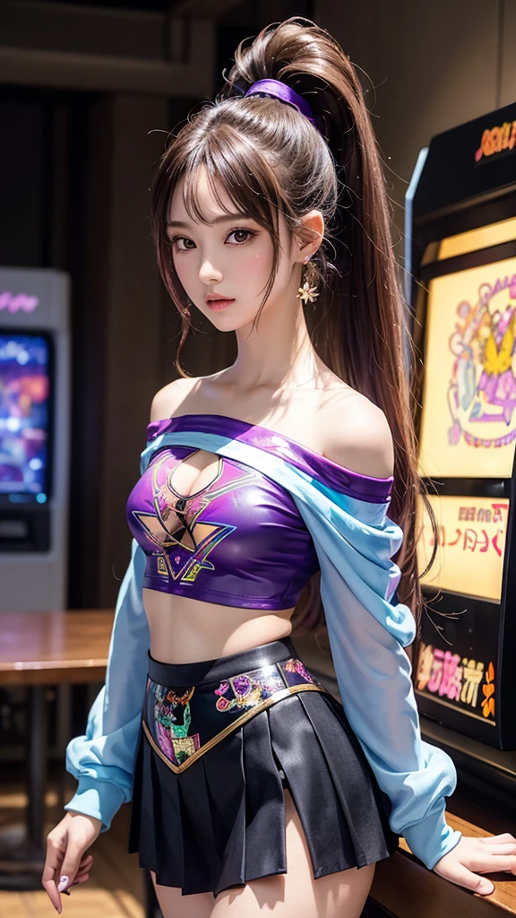 ((Tabletop)), Highest quality, Absurd, Ultra-detailed, Holographic, Cowboy Shot, Golden Ratio, Very cute girl, Mature Girls, idle girl, Super beautiful Asian girl with gorgeous purple eyes, Beautiful shiny brown multicolored hair, High Ponytail, nice and sexy body, The body is slim, Perfect body, Wearing a super tight anime print leotard, Anime Print Super Tight Off Shoulder Long Sleeve Crop Top, Super aesthetic transparent mini jacket, Beautiful hair ornaments, pink jordan tennis, Black, unkempt, shiny hair, arcade game、mini skirt