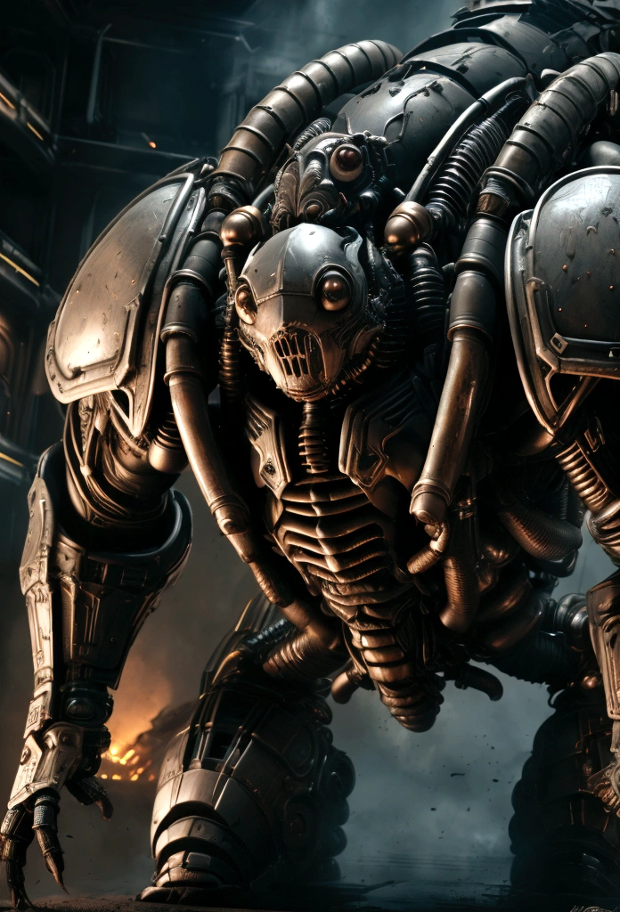 view from afar, thick and wide body, arthropod, armor, exoskeleton, humanoid, claws, beetle, bio organic, muscular insect, mutant, Big eyes, A terrifier super soldier, big size, massive, bio mechanical, sci-fi, biological armor, Grimdark style,, HD, reallistic, hyperdetailed, cinematic, High quality, in a hive, DOOM look, space marine look