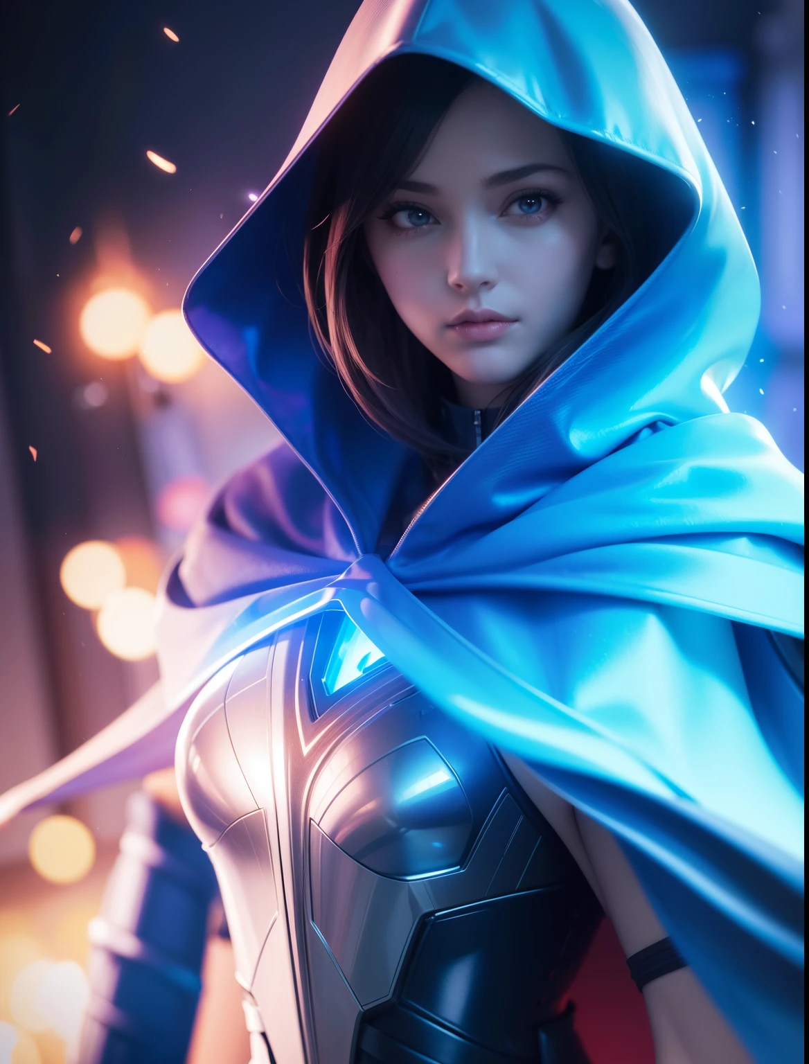 Waist up ((Extremely detailed asymmetric realistic masterpiece)) hyperrealistic masterpiece, Superhero very beauty girl in flame ((in futuristic aesthetic style)) in extremely detailed tech plugsuit, cinematic illumination: 8k, glowing, concept art, smooth, sharp focus, illustration