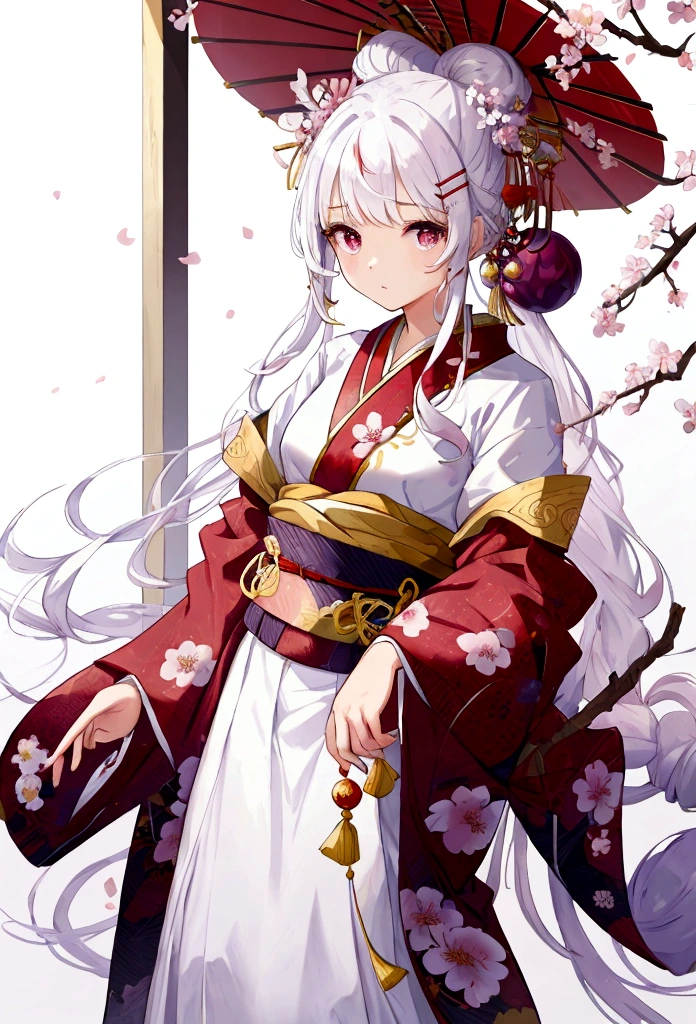 Beautifully tied hair、Hair clip、Hair tied up with hair accessories、(masterpiece, best quality:1.2), 1girl, 独奏,long hair、White Hair、Plum blossom、Plum family crest、Red kimono、白髪のlong hair、、Plum hair ornament、梅のHair clip、White Hair、long hair、Plum motif accessories、Plum pattern、White background、whole body、breath,breath、Hair Up、Spread-eagled pose
