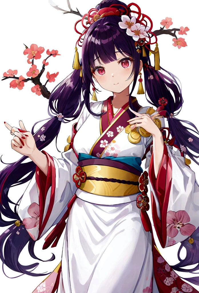 Beautifully tied hair、Hair clip、Hair tied up with hair accessories、(masterpiece, best quality:1.2), 1girl, 独奏,long hair、White Hair、Plum blossom、Plum family crest、Red kimono、白髪のlong hair、、Plum hair ornament、梅のHair clip、White Hair、long hair、Plum motif accessories、Plum pattern、White background、whole body、breath,breath、Hair Up、Spread-eagled pose