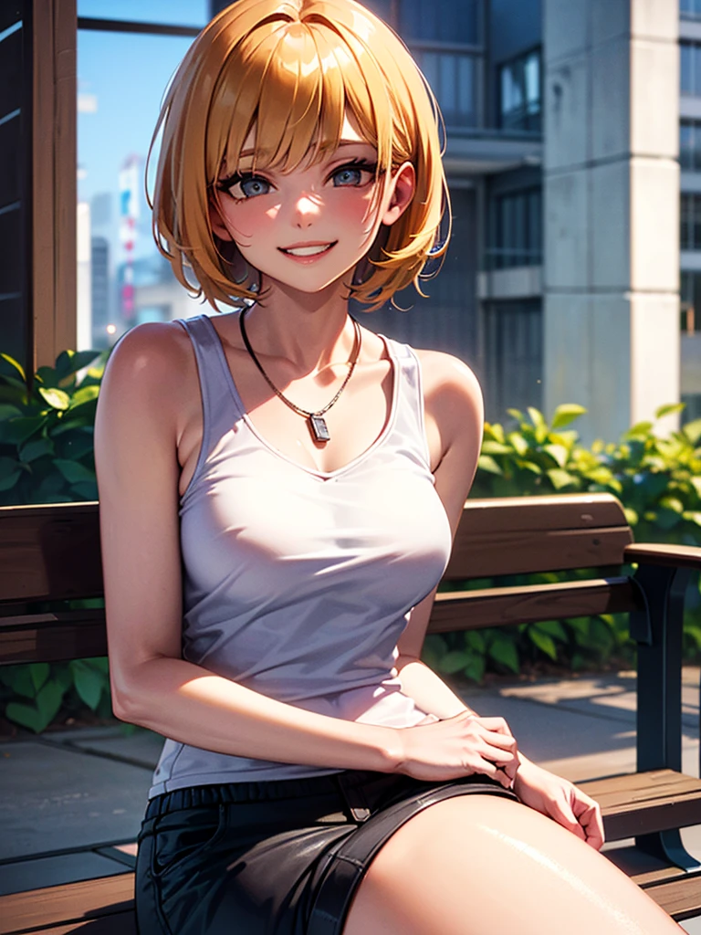((Ultra-detailed)), (top-quality), ((masterpiece)), ((Super exciting)), ((8K)), ((1080p)), ((extremely clear)), ((Very sophisticated)),((natural lighting)), ((depth of fields)), ((Glowing skin)), ((gleaming)), ((shiny-glistening)), (3D)), ((Perfect Anatomy)), (Realistic skin texture), ((Detailed face description)), (((perfect balance))), (((Solo))), ((a girl)), (grinned)), (slanted eyes), (sit on bench), (grinned), ((sleeveless), (neckless)), (shirts), (short pants), ((Tokyo background)),