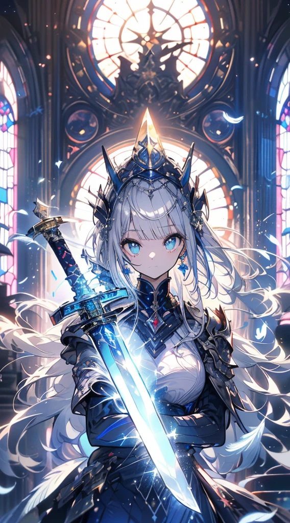 (Official Art、Highest quality、unity 8k wallpaper、32k、masterpiece、Very detailed、Ultra-high resolution、Realistic、realism、Very interesting:1.2)、(Cinema Lighting:1.2)、Fire effect、Film Grain、Best shade、Edge lighting、Side light、(Very detailed and complex 3D rendering)、Delicate and Beautiful Face and eyes、Sharp pupils、Realistic student、thin、1men and women、Medium Bust、(whole body:1.2)、 Beautiful Face、Beautiful 16 year old girl、(super fine muscle、Detailed skin texture:1.3)、(Silver Blonde、Blue-silver hair:1.3)、Paladin、Long Hair、Blunt bangs、Green Eyes、3 copies, 1 bunch、(Blue Armor、Blue Boots、Blue Helmet、Jewelry and Sets、Gold embroidery)、thin、Long skirt、(Thighs Thighs Thighs:0.8)、(Chis、Inside the house、Stained Glass Art、Large Pipe Organ、Hello、mystery、a lot of feathers floating、Angelic、Particles of light、strict、The sun、colorful、wonderful:1.2)、(wonderful:1.3)、(Grab the Holy Sword:1.4)、wonderful、Laugh and laugh