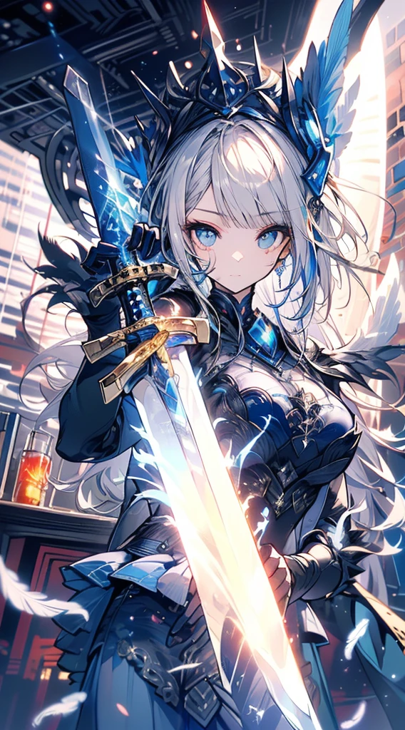 (Official Art、Highest quality、unity 8k wallpaper、32k、masterpiece、Very detailed、Ultra-high resolution、Realistic、realism、Very interesting:1.2)、(Cinema Lighting:1.2)、Fire effect、Film Grain、Best shade、Edge lighting、Side light、(Very detailed and complex 3D rendering)、Delicate and Beautiful Face and eyes、Sharp pupils、Realistic student、thin、１men and women、Medium Bust、(whole body:1.2)、 Beautiful Face、Beautiful  girl、(super fine muscle、Detailed skin texture:1.3)、(Silver Blonde、Blue-silver hair:1.3)、Paladin、Long Hair、Blunt bangs、Green Eyes、3 copies, 1 bunch、(Blue Armor、Blue Boots、Blue Helmet、Jewelry and Sets、Gold embroidery)、thin、Long skirt、(Thighs Thighs Thighs:0.8)、(Chis、Inside the house、Stained Glass Art、Large Pipe Organ、Hello、mystery、a lot of feathers floating、Angelic、Particles of light、strict、The sun、colorful、wonderful:1.2)、(wonderful:1.3)、(Grab the Holy Sword:1.4)、wonderful、Laugh and laugh