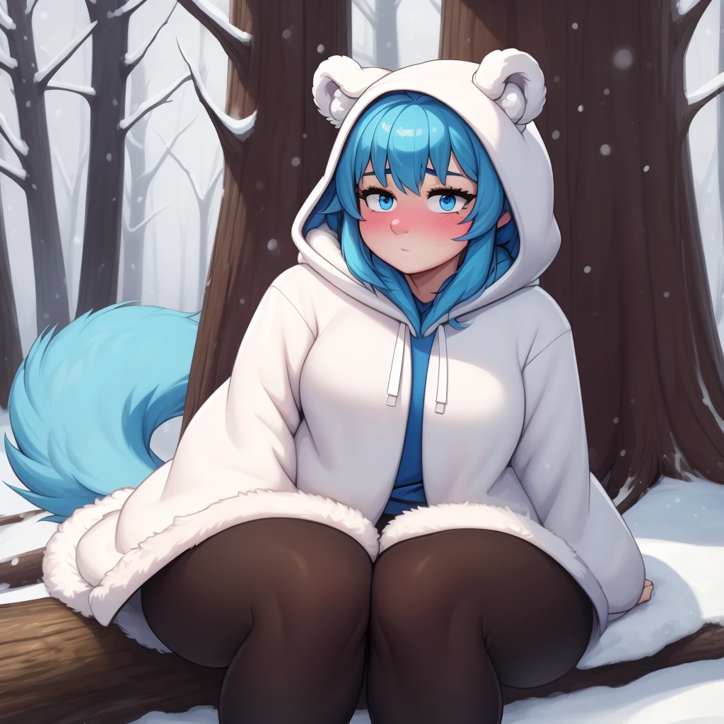 (Masterpiece) (High Detail) (High Res) A close up of a short humanoid girl with pale human skin and blue eyes and long blue hair and blue dog ears and a fluffy blue dog tail and average breasts. She is sat on a fallen tree log in a snowy forest and is wearing a big oversized Polar Bear Fur fluffy white fur coat with a large fluffy white hood. She is also wearing black leggings and fluffy brown fur boots. She has her hands behind her back out of shot. She has blushing cheeks and looks shy.