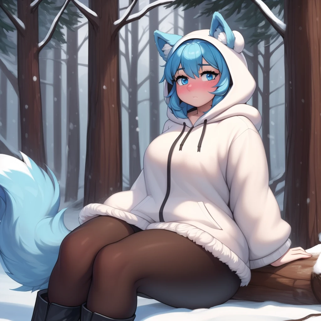 (Masterpiece) (High Detail) (High Res) A close up of a short humanoid girl with pale human skin and blue eyes and long blue hair and blue dog ears and a fluffy blue dog tail and average breasts. She is sat on a fallen tree log in a snowy forest and is wearing a big oversized Polar Bear Fur fluffy white fur coat with a large fluffy white hood. She is also wearing black leggings and fluffy brown fur boots. She has her hands behind her back out of shot. She has blushing cheeks and looks shy.