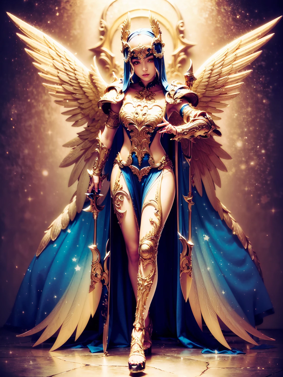 (((masterpiece, best quality, high detailed, 8k))) Design a layout showcase Gaming character, (1girl). White+Gold angelic armor, stylish and unique. ((weapon:1.4)), enchanted staff. (masterpiece:1.2), (best quality), 4k, ultra-detailed. (luminous lighting, atmospheric lighting). angelic warrior, ((six wings)), ((glove full hands)), (((revealing clothes:1.3))), vambraces, armored legwear, (((full_body_shot:1.4))). {In a celestial realm}.