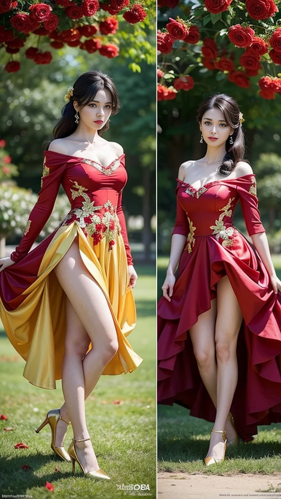 gorgeous English Black haired girl, beautiful lighting, detailed Beautiful face, intricate, realistic, studio quality, cinematic, digital photorealistic, standing in the park wearing a Vivid red satin dress, full view down to feet, park, with yellow and red roses background, detailed Beautiful face, photorealistic, shapley legs, lots of red roses, gold high heeled shoes, full head to feet view, Extremely Realistic. (attractively fit body)