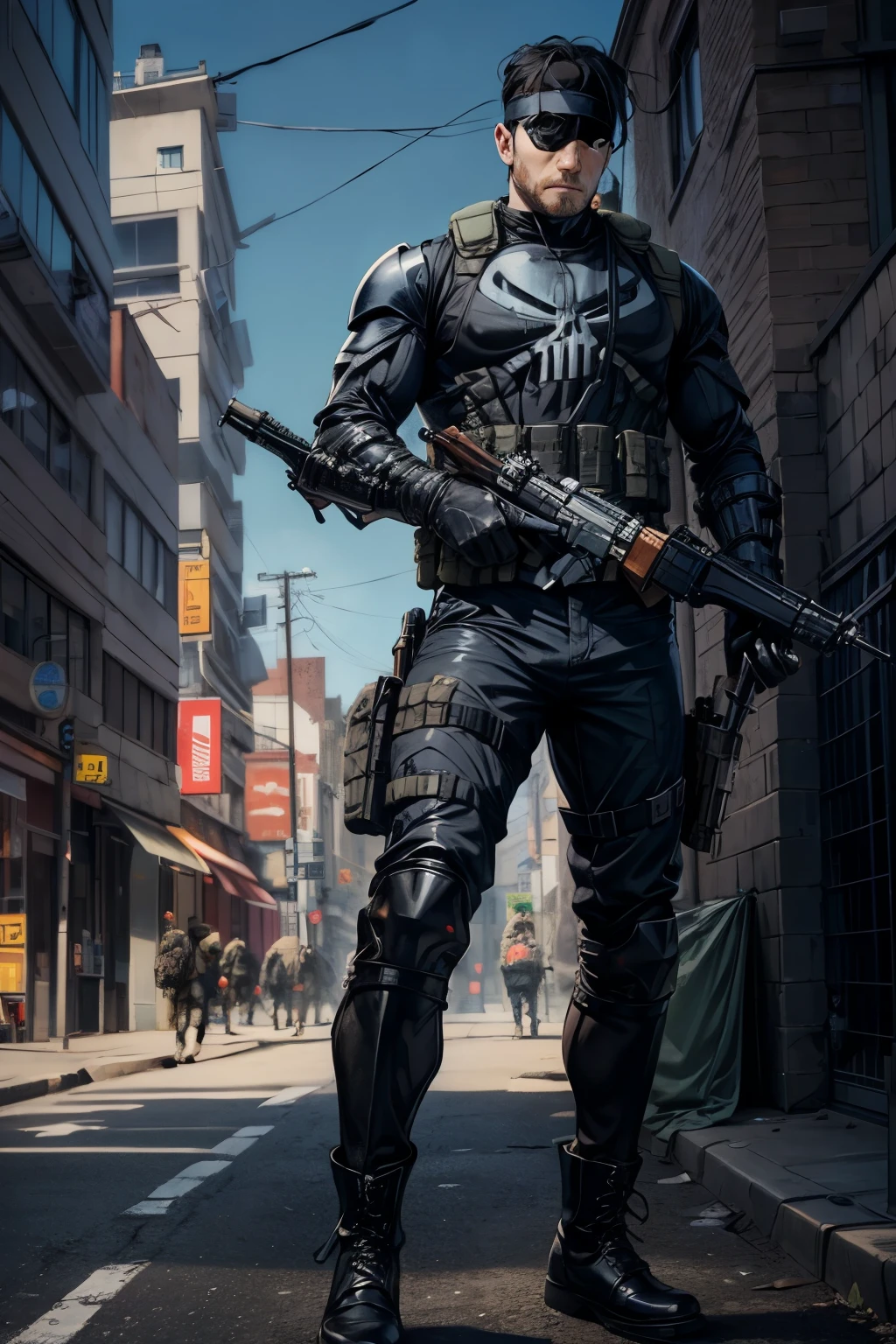 an accurate and detailed full body shot of an adult male character named Viper, (muscular and athletic build), (sharp rugged facial features), determined expression, (eyepatch over the right eye:1.4), (blue left eye:1.4), (headband:1.4), (Short dark hair:1.2), beard stubble, (tactical combat fatigues:1.1), (urban stealth camo:1.1), (black body armor vest:1.4), (punisher skull painted on body armor:1.2), durable cargo pants, rugged black combat boots, utility belt with pouches, holsters and sheaths, Fingerless tactical gloves, Reinforced knee pads, (holding a silenced pistol:1.4), holding handgun, masterpiece, high quality, 4K, (the punisher), Big Boss