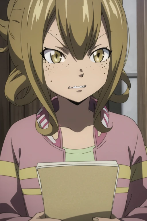 masterpiece, best quality, sketch, 1girl, solo, sharp focus, 9 years old, (very young:0.7), looking at viewer, depth of field(Fairy Tail style:1.25), brown, curly dark brown hair, medium hair, yellow eyes, mix skin_tone, light tanned colored skin, dark freckles, pink composition shirt, dark magenta bomber jacket, science fiction social science fiction