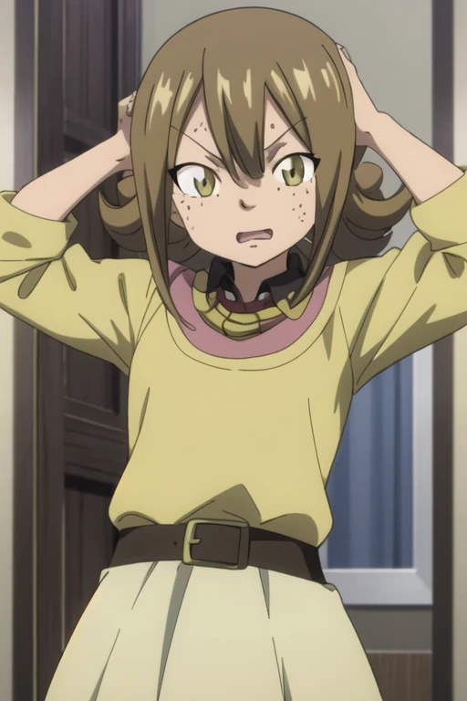 masterpiece, best quality, sketch, 1girl, solo, sharp focus, 9 years old, (very young:0.7), looking at viewer, depth of field(Fairy Tail style:1.25), brown, curly dark brown hair, medium hair, yellow eyes, mix skin_tone, light tanned colored skin, dark freckles, pink composition shirt, dark magenta bomber jacket, science fiction social science fiction
