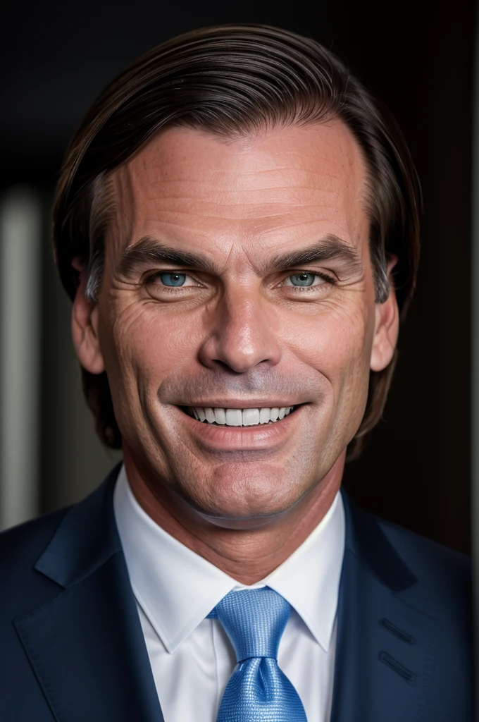 Jair Bolsonaro in a suit and tie, with blue eyes, smiling at the camera, highly detailed, photorealistic, intricate details, beautiful lighting, cinematic, dramatic, studio lighting, sharp focus, dynamic composition, ultra-detailed, 8k, masterpiece