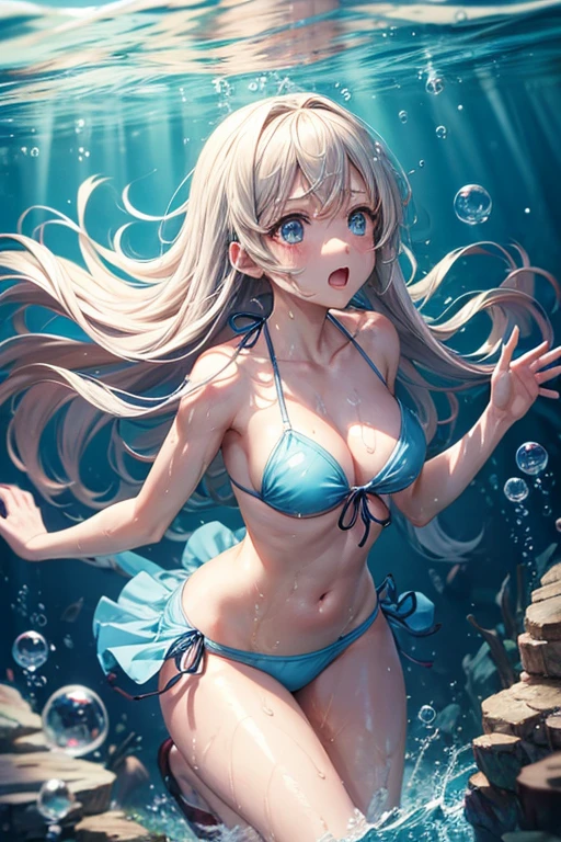 anime, girl, in bikini, looking panicked, many bubbles out from mouth, underwater, drowning underwater scene, underwater scene