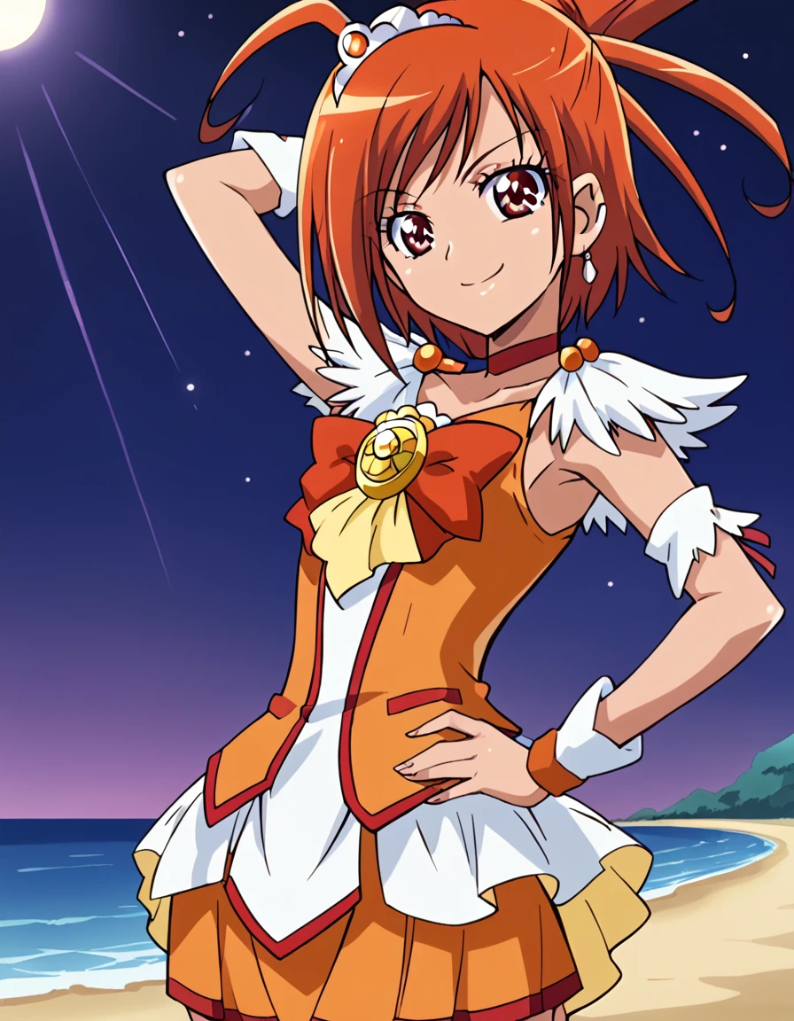 curesunny, shiny skin, high quality, solo, 1girl, night sky, beach, arm behind head, hand on hip, (contrapposto), closed mouth, spread armpits, (cowboy shot:1.5), looking at viewer, best quality, smile,