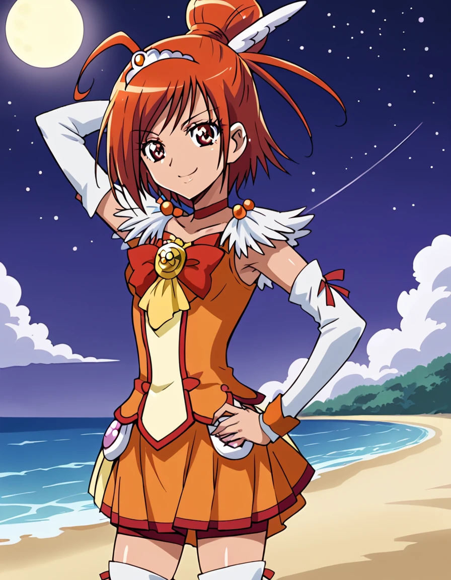 curesunny, shiny skin, high quality, solo, 1girl, night sky, beach, arm behind head, hand on hip, (contrapposto), closed mouth, spread armpits, (cowboy shot:1.5), looking at viewer, best quality, smile,