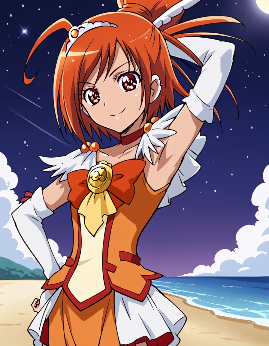curesunny, shiny skin, high quality, solo, 1girl, night sky, beach, arm behind head, hand on hip, (contrapposto), closed mouth, spread armpits, (cowboy shot:1.5), looking at viewer, best quality, smile,