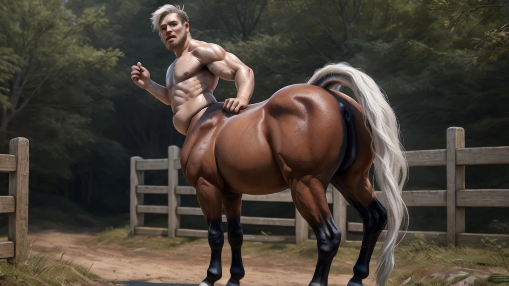 Two chubby centaur, ramdomany place, big hooves, bright white fur, white hair centaur, anatomically correct centaur, docked tail, human face, human nose, human eyes, wide equine hips, thick thighs, male, raised tail, anatomically holding the tail, epic skin, epic fur, hyperrealistic, hyperrealistic skin human, hyperrealistic skin, hyperrealistic human nose, hyperrealistic human body human, hair hyperrealistic, hyperrealistic face,