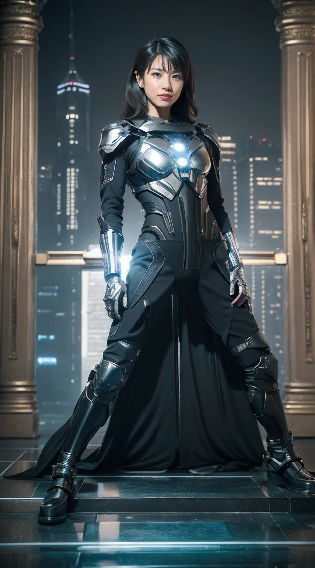 become close,Sharp lines,Highest quality, masterpiece、Overnight parking、Dark Light、Canon Photo Crystal Clear ,(Realistically:1.2), (Silver combat suit)、Action pose、Take a full body photo、smile、Semi-long layer cut、