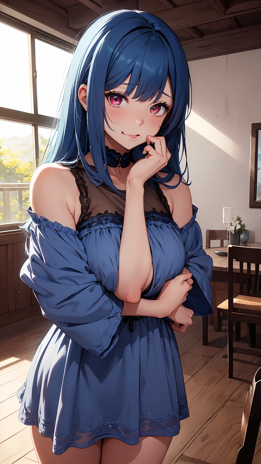 Woman1,cowboy shot,blue hair,red eyes,parted bangs,(Sleeping Dress,Shy,embarrassment,background in the room,taking out the tongue),HD,highly detailed