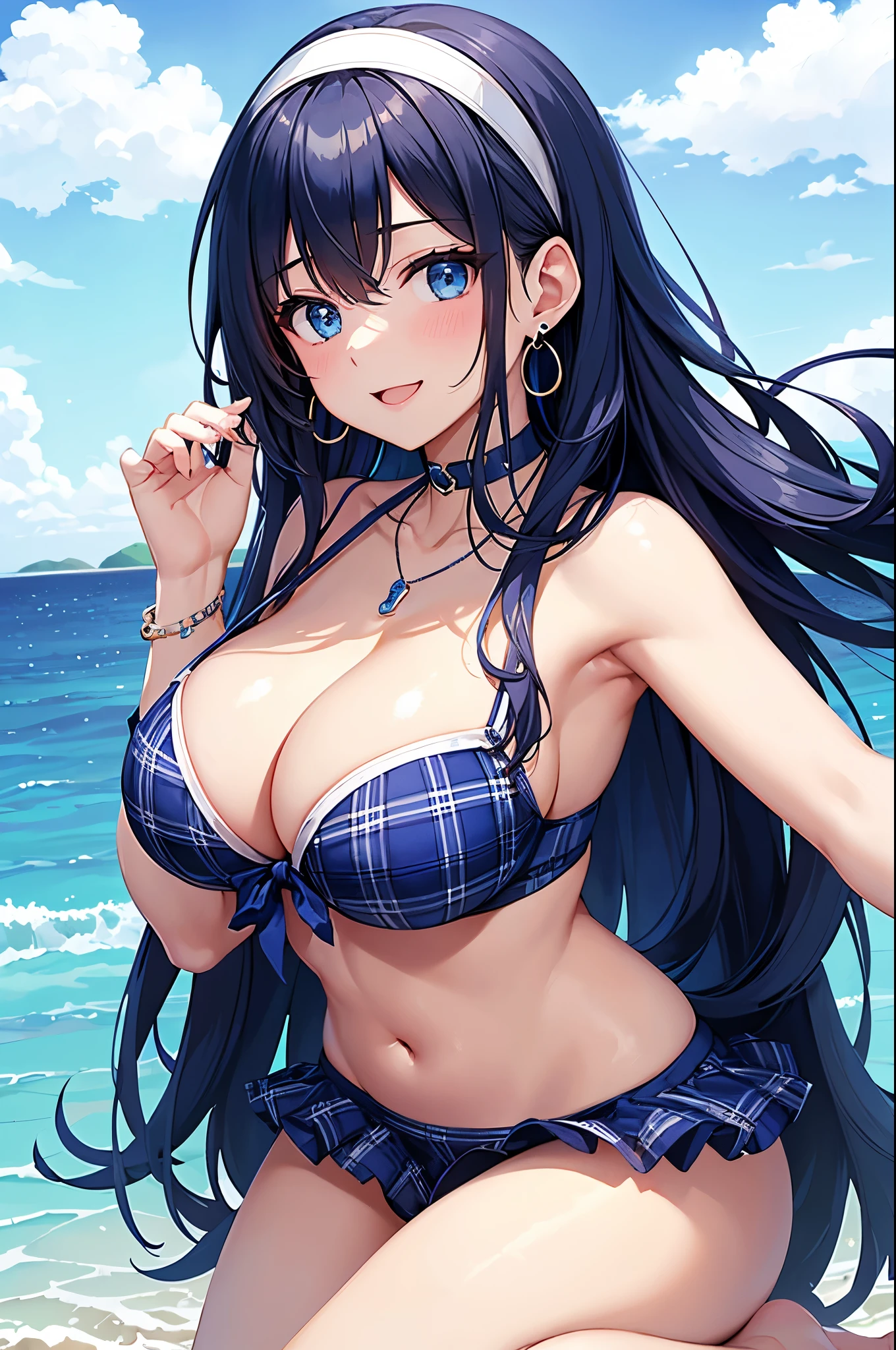 Highest quality、Highest quality、masterpiece、(8K),Beauty(Age 25)、Navy blue long hair、blue eyes、Sexy Bikini(Plaid)、Big cleavage、(Big Breasts)、smile、blue necklace、Blue Earrings、background(Beach)、Please open your mouth wide、White headband、bracelet、Chest-pushing pose、Blue choker