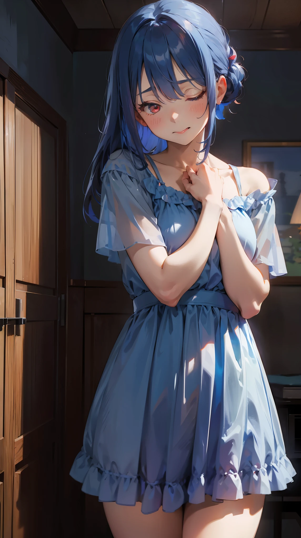 Woman1,cowboy shot,blue hair,red eyes,parted bangs,(Sleeping Dress,Shy,embarrassment,background in the room,taking out the tongue),HD,highly detailed