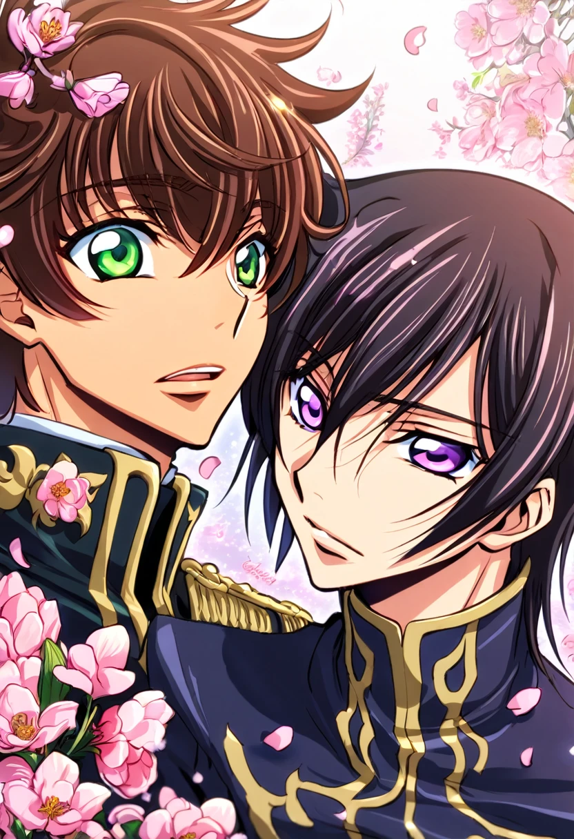 absurdres, highres, ultra detailed, HDR, master piece, best quality, Lelouch Lamperouge, black hair, expressive purple eyes, Code Geass, Kururugi Suzaku, brown hair, expressive green eyes, two sexy men together, yaoi, gay couple, handsome, black military uniform, fantasy, shining, pink flowers, pink blossoms, pink butterflies, pink petals
