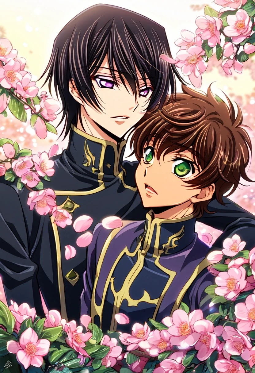 absurdres, highres, ultra detailed, HDR, master piece, best quality, Lelouch Lamperouge, black hair, expressive purple eyes, Code Geass, Kururugi Suzaku, brown hair, expressive green eyes, two sexy men together, yaoi, gay couple, handsome, black military uniform, fantasy, shining, pink flowers, pink blossoms, pink butterflies, pink petals